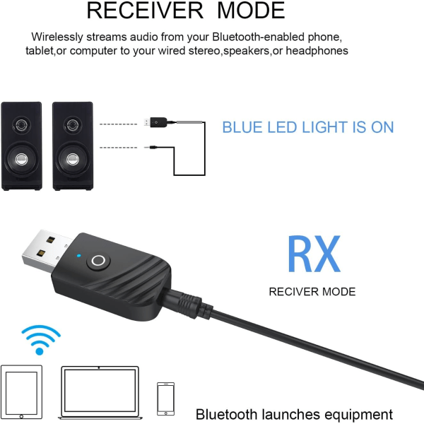 Bluetooth 5.0-adapter, AUX-lydadapter for Bluetooth-høyttalere