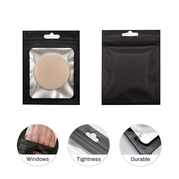 Klare Zip Lock Mylar-poser med forsegling, Zip Lock-pose, Resealable pose i aluminiumsfolie, 100 stk. Svart