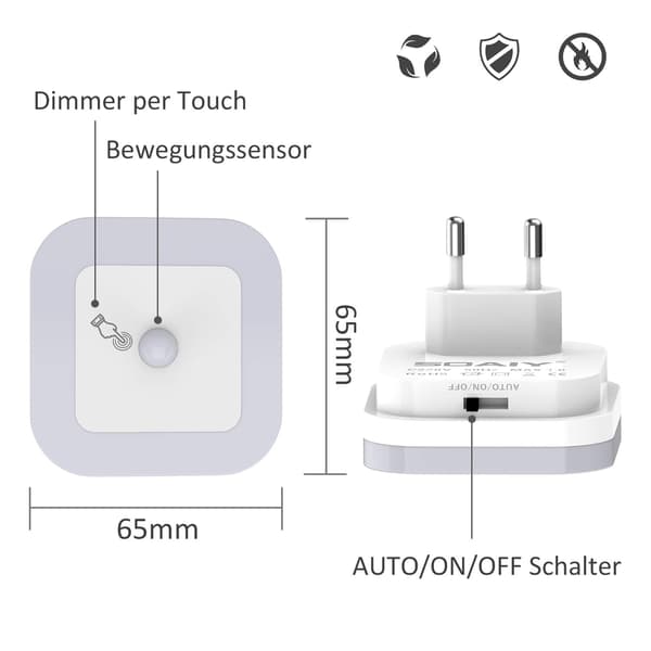 Bevægelsessensor LED Natlys Sæt med 2 - Dæmpbar & 3 Tilstande (Auto/Tænd/Sluk)-FA-