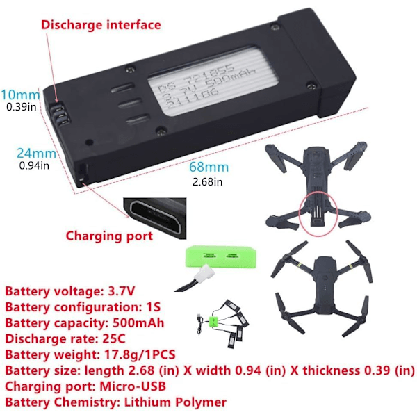 4 st LiPO-batterier 3.7V 500mAh och 4-i-1-laddare för drönare E58 S168 JY019 RC Quadcopter - Snabbladdningskrafkit