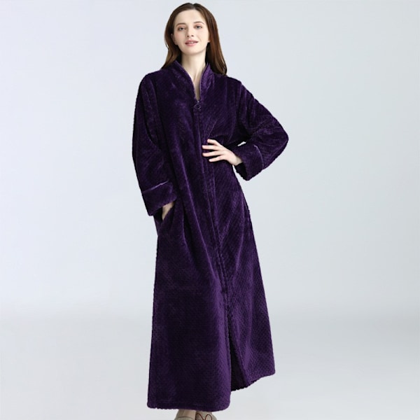 Vetoketjullinen aamutakki naisille, flanelli-fleece-takki, talvella lämmin kotitakk, yöpaita, violetti L Purple