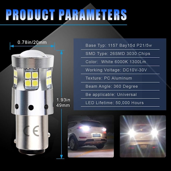BAY15D P21/5w 1157 LED 12V 24V bil-/lastebillys (2-pakning)