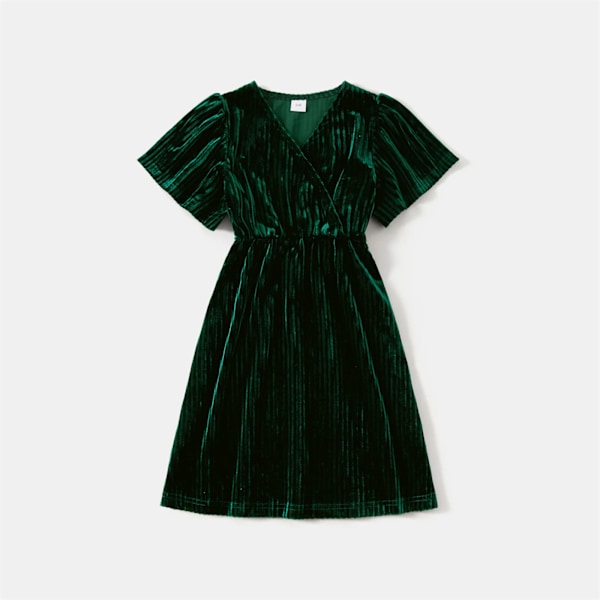Familiematchende klær Grønn fløyel Surplice Neck Volang-ermer Damekjole og rutete skjorter Family Look Set Gr Green Women XL