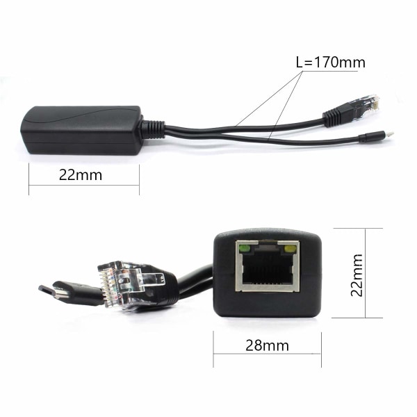 2-pack Gigabit PoE-splitter, 48V till 5V 2.4A Micro USB Ethernet-adapter, fungerar med Raspberry Pi 3B+, IP-kamera och mer
