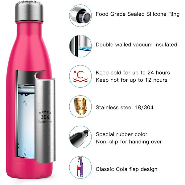 500 ml termos, rustfritt stål vakuumflaske holder kaldt og varmt - BPA-fri for utendørsaktiviteter, fitness, fotturer, kontor, skole (rosa)