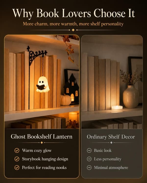 Ghost Shelf Lantern, Cute Ghost Reading Book Lamp, Ghosts Reading Statue Halloween Decor Lamp, for Bookshelves, Reading Nooks, Halloween Displays-FA-