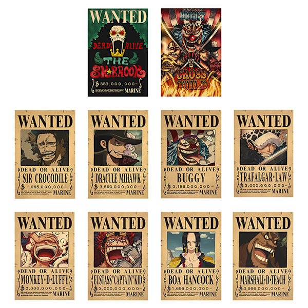 10 stk Poster One Piece Wanted Poster Luffy Papirdekor 10 pcs/set