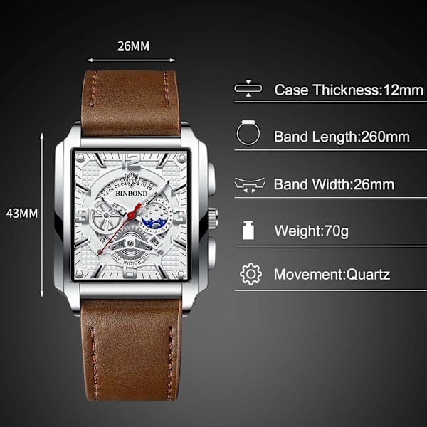 Rektangulära Herrarmbandsklockor Mode Analog Kvarts Armbandsur Herrar Business Vattentäta Klockor Glansiga Rostfritt Stål Armband För Män Vit Bru White brown