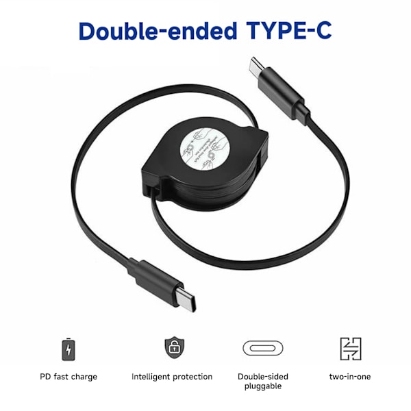 PD 60W USB C indragbar datakabel, för Macbook snabbladdningssladd för typ C mobiltelefonswitch