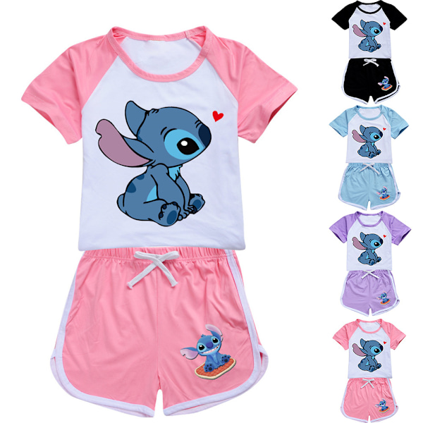 Barnjenter Lilo Stitch Trykt Avslappet T-skjorte Shorts Tracksuit Sett Alder 7-14 År Svart Black 140cm