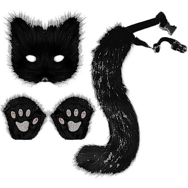 SJJYV Fuskpäls Rävsvans Katt Varg Cosplay Set Plyschmask Fluffy Paw Handskar Halloween Jul