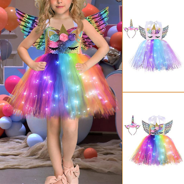 Barn Glödande Enhörning Kostym Barn Färgglada LED-ljus Paljetter Födelsedagsfest Klänningar Glittrande Prinsessa Cosplay Klänning 10T 10T White Light White