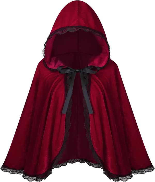 Rød fløjlskappe med sorte blonder til Halloween- og cosplaykostumer-FA-