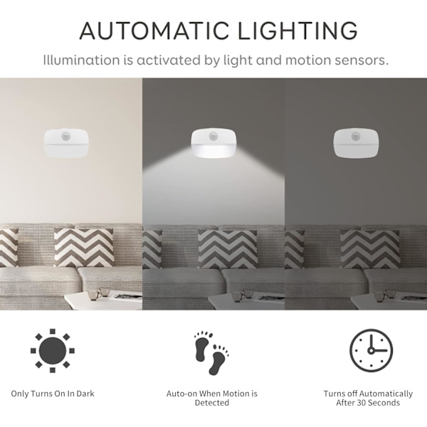 Led natlampe, 2-pak bevægelsessensorlamper indendørs, stik på natlampe med batteridrevet, natlampe til børn i soveværelset, automatisk ON/OFF, hvid