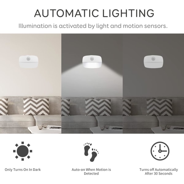 Led nattlampa, 2-pakke bevegelsessensorlamper innendørs, stikk på nattlampe med batteridrevet, nattlampe for barn i soverommet, automatisk PÅ/AV, hvit