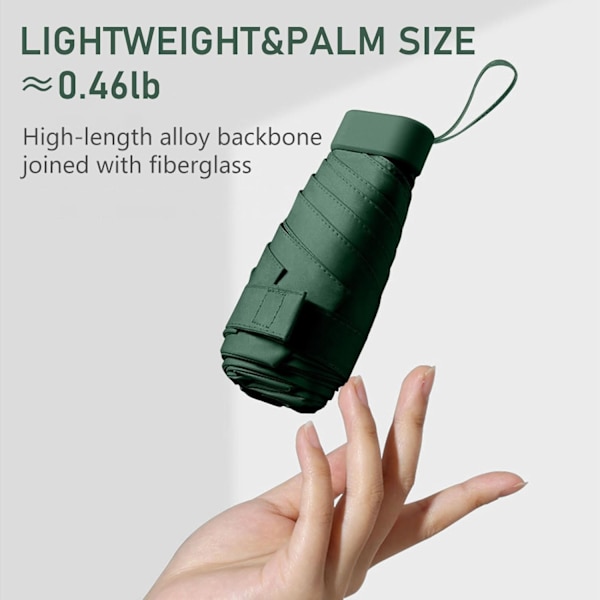 Miniparaply UPF50+ suojalla, kevyt ja kompakti paraply naisille ja lapsille, kannettava UV-paraply säilytyslaatikolla, käsilaukku-kokoinen ForestGreen