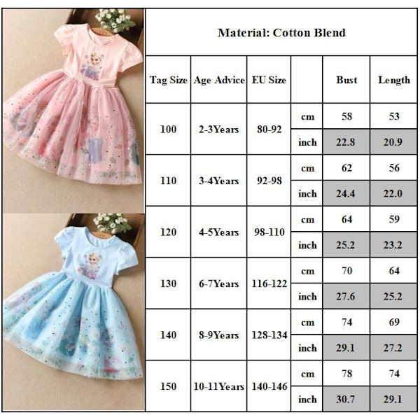 Piger Frozen Elsa Prinsesse Tutu Tyllkjole Børn Festkjoler Blå 140cm blue