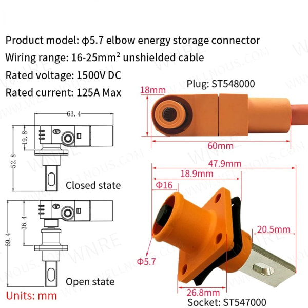 Energilagringskontakt Φ5,7/8,0 mm power enkelkärnig armbåge power för nytt energielfordon