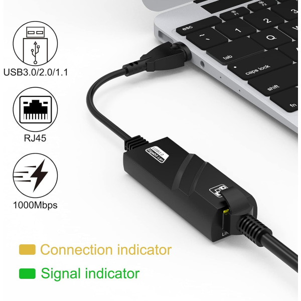 USB Ethernet-adapter, USB 3.0 til RJ45 Ethernet-adapter, netværk 1000Mbps LAN-adapter kompatibel med Windows 10/8.1/8/7/Vista/XP, Mac OS 10.6 og højere, Linux