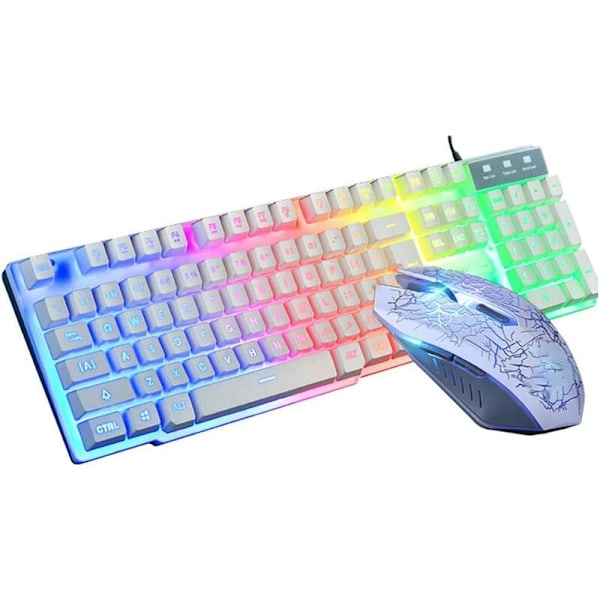 Rainbow LED-bakgrundsbelyst speltangentbord och muskombination, ergonomiskt tangentbord + spelmus + musmatta, vit