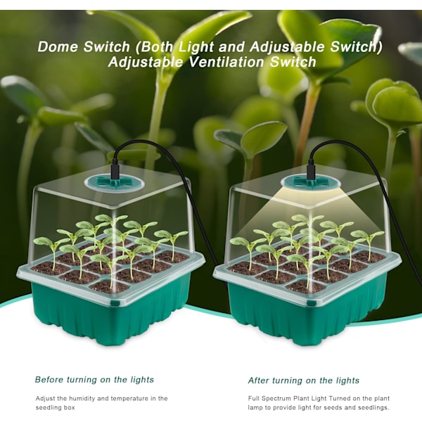 5-delt mini-drivhus for planteformering med sollignende fullspektrum plantelamper, med lokk og ventilasjon, 10 etiketter, 2 verktøy