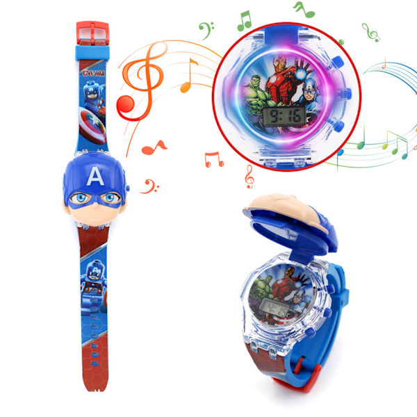 Avengers Superhjälte Luminous Flashing Light Barn Musik Klocka Captain America