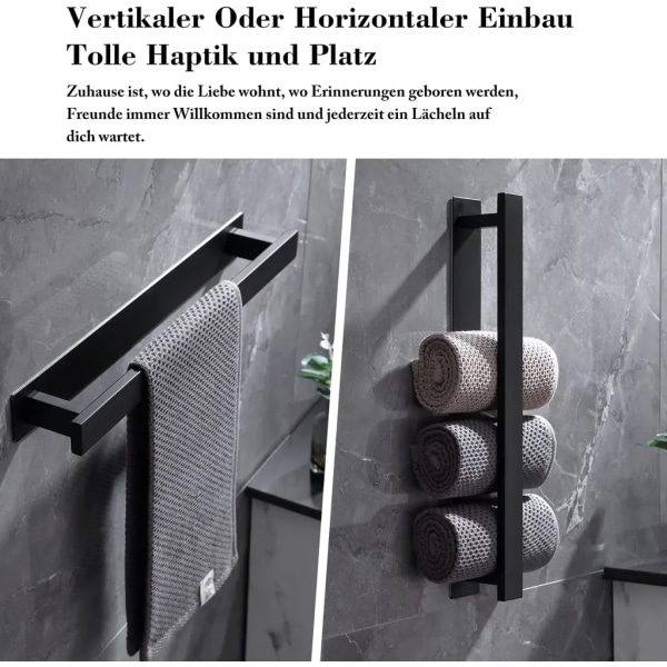 Håndklædeholder uden boring sort håndklædeholder badeværelse gæstehåndklædeholder vægmontering rustfrit stål mat håndklædeholder (41cm)