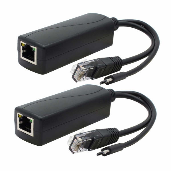 2-pak Gigabit PoE Splitter, 48V til 5V 2.4A Micro USB Ethernet Adapter, Fungerer med Raspberry Pi 3B+, IP-kamera og mere