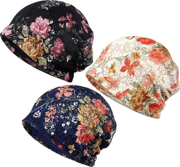 3-pack blommiga spetsmössor, kemobehandling mössor för kvinnor