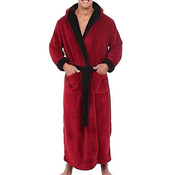 Herr Vinter Varm Huva Kappa Badrock Handduk Lång Morgonrock Röd Svart Red Black M