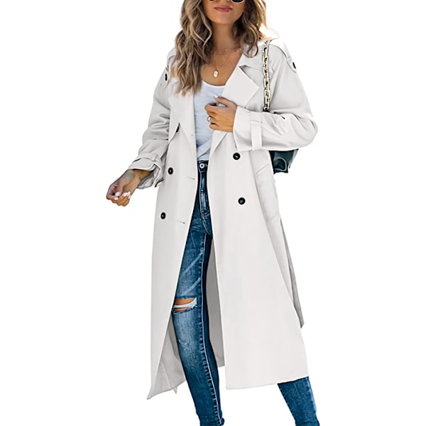 Dobbelknappet lang trenchcoat for kvinner, vindtett klassisk tynn overjakke HVIT WHITE 2XL