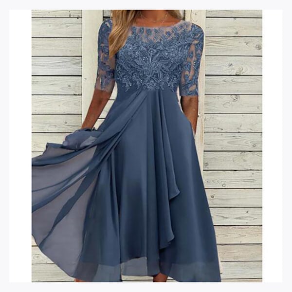 Spetsapplikationer Midi-klänning Kortärmad Aftonklänning Casual All Match Klänning för Bröllopsgäst glod xl