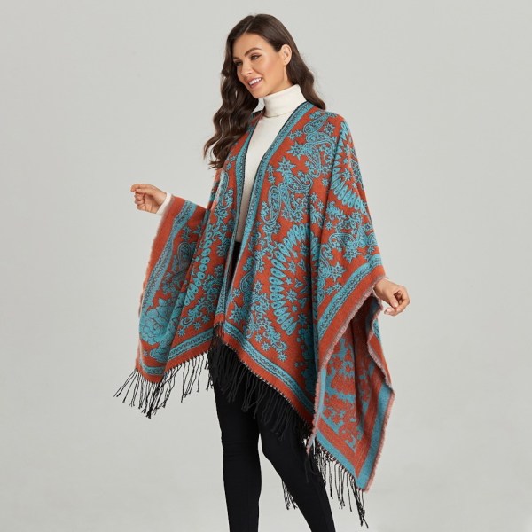 Fransad Fåll Pashmina Sjal Wrap Vinter Varm Etnisk Stil Poncho Åpen Front Cape for Dame