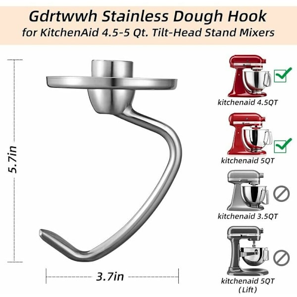 Rustfritt deigkrok for KitchenAid 4,5-5 kvart skrånende stativmikser, reservedeler, oppvaskmaskinsikker (erstatter K45DH)