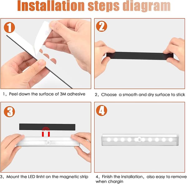 2 stk LED-skaplys med bevegelsessensor og magnetstripe, 10 LED