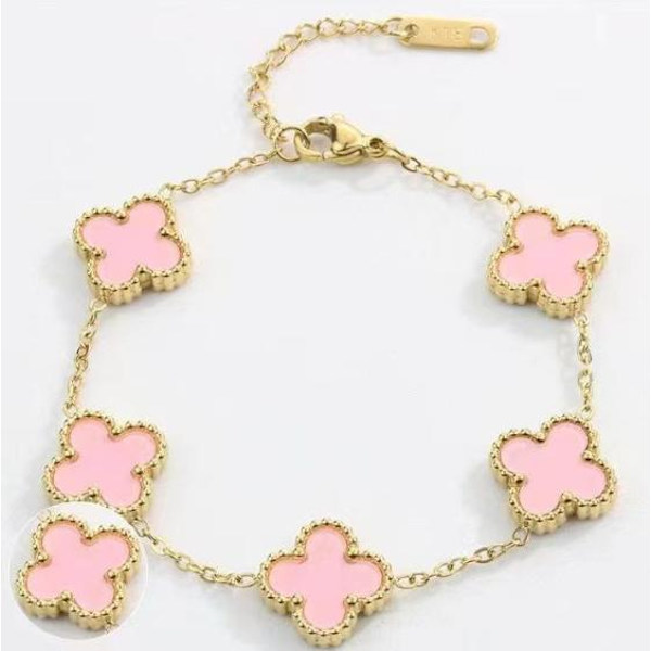 18k Guldbelagt Rustfrit Stål Dobbeltsidet Firkløver Armbånd Pink