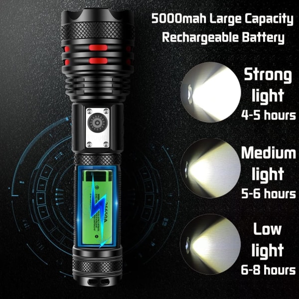 Taktisk ficklampa LED, 20000 lumen P70 hög effekt, USB-laddningsbar, laddningsbar 26650 batteri, lämplig för utomhuscamping och jakt
