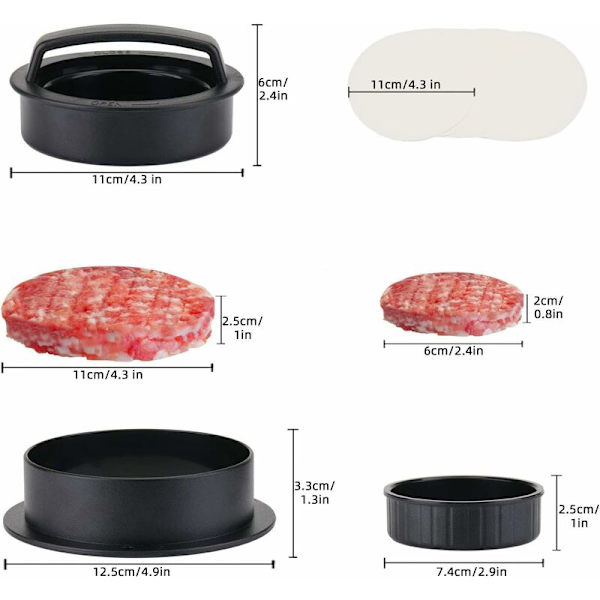 3 i 1 Hamburgerpresse med 200 stk. Non-Stick Papir Hamburger Kød
