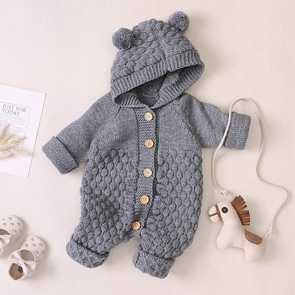 Nyfødt Baby Ørehette Strikket Romper Jumpsuit Varmer Snødrakt for Gutter Jenter Grå 73cm Grey 73 cm