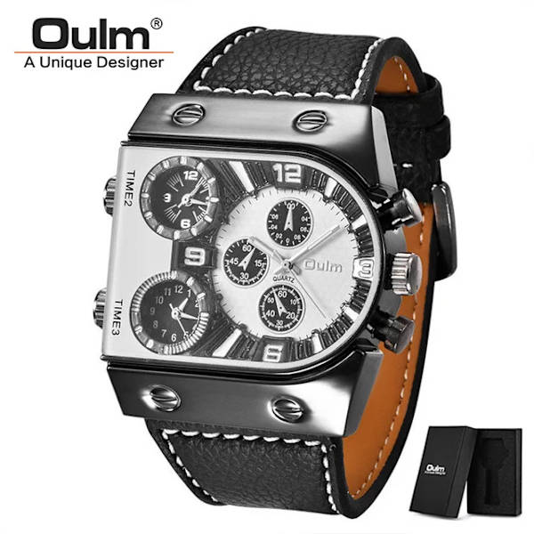 Oulm Klockor Herr Quartz Casual Läderarmband Armbandsur Sport Multi-Time Zone Militär Man Klocka C2(with box)