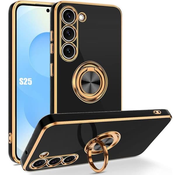 Stötsäkert silikonfodral för Samsung Galaxy S25 med ringstativ - Svart-FA-