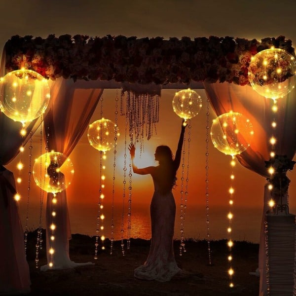 6 stk. LED-lysbobler, klare varmhvide heliumballoner, strin