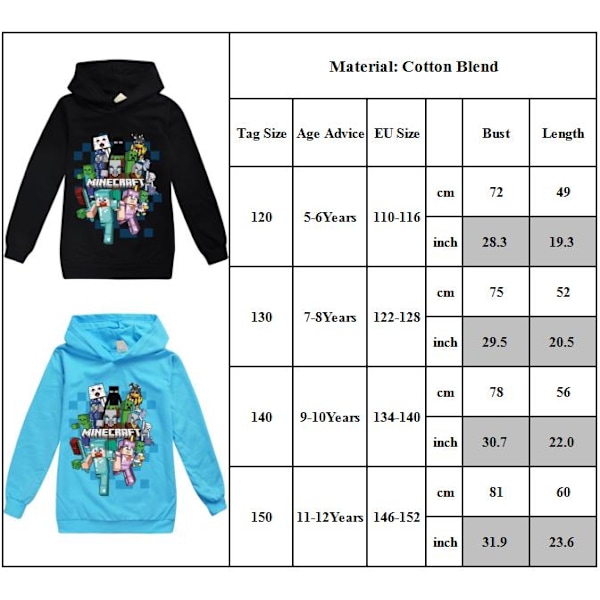 Barn Minecraft Jumper Hoodie Sweatshirt Långærmet Trøje Topper Sort black 130cm