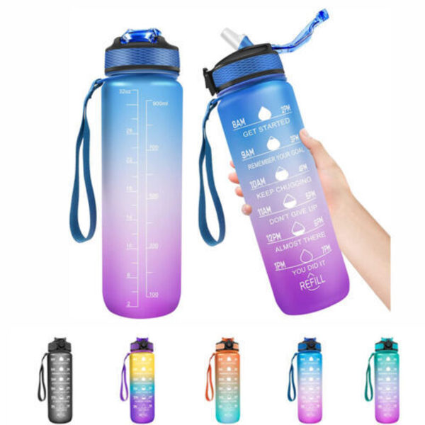 2-pak - 1 l vandflaske med sugerør og timer Blue-Purple