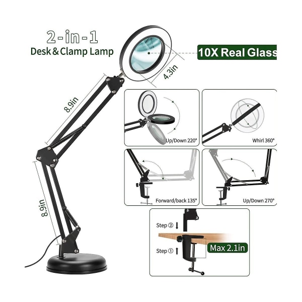 Suurennuslasi valolla ja jalustalla, 10x suurennuslamppu, 2-in-1-työpöytälamppu pidikkeellä, 3 väriä Mo