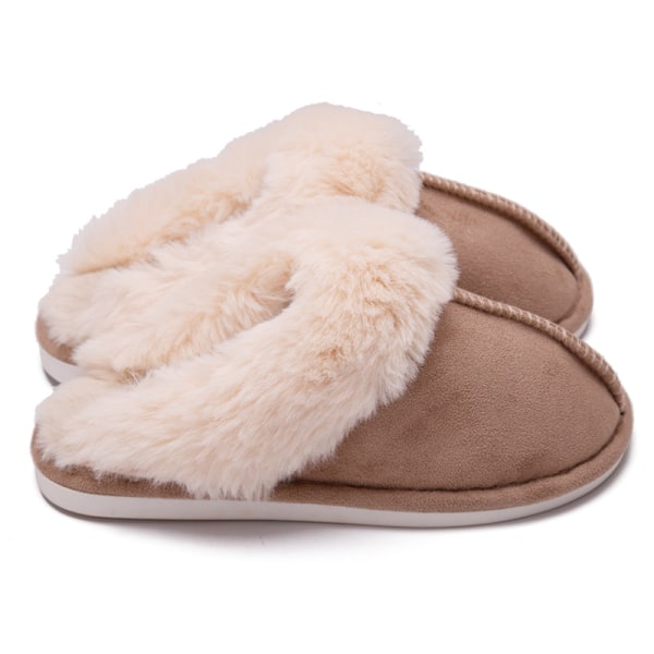 Varm vinter-plysstofler til kvinder - flade indendørs sko med skridsikker bund - khaki 46-47 (fits 44-45) Khaki