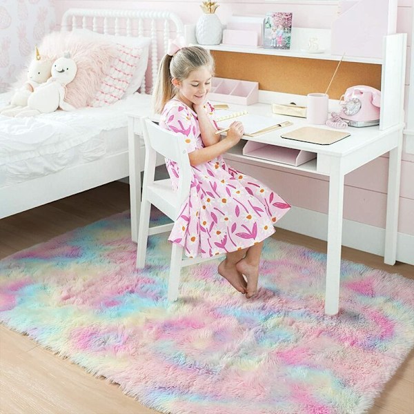 Enhjørning fluffy teppe 120x160 cm Pastellfarget teppe for barn Shag teppe