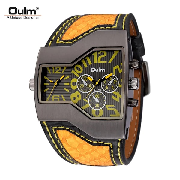 Oulm Klokker Toppmerke Luksus Militær Quartz Klokke Unik Multippel Tidssone Lærarmbånd Herrearmbåndsur Relogio Masculino Yellow