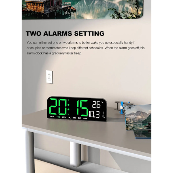 9,0 tum stor digital väggklocka med temperatur, datum och veckodagar, nattläge, tabell, väckarklocka, 12/24H, elektronisk LED-klocka green