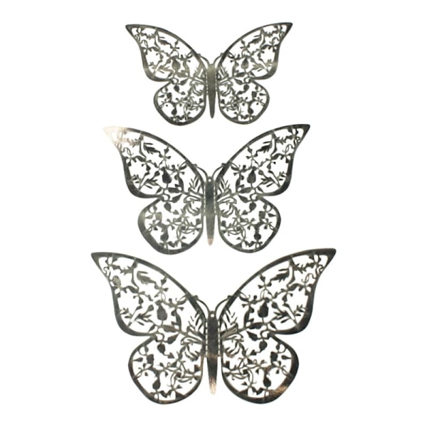 12 stk. 3D Metal Sommerfugle, Væghæng - Sølvblad silver 11